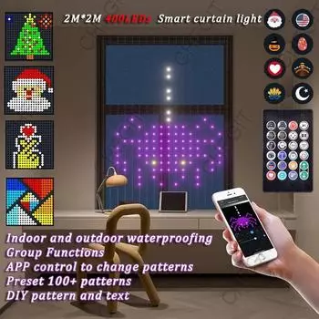 400 светодиодных интеллектуальных занавесок с управлением через приложение Bluetooth, светодиодная гирлянда RGB, музыкальная синхронизация, светодиодный дисплей для праздничного декора окна
