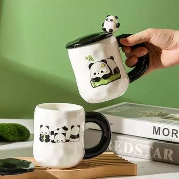 400ml Cartoon Panda Ceramic Cup Lid Spoon Coffee Cup Milk Tea Mug Breakfast Cups Beverage Creative Birthday Gift 480ml