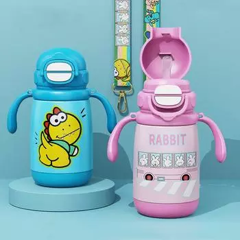 400ml Cartoon Stainless Steel 316 Vacuum Flask With Straw Portable Cute Kids Student Thermos Mug With Strap And Handle 400ml зелёный