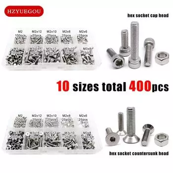 400pcs M2 M3 10 Sizes Allen Hexagon Hex Socket Head Cap Flat Countersunk Screw Bolt Nut Set Mix Kit Box 304 A2 Stainless Steel