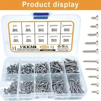 400pcs M2/M3 nickel plated carbon steel flat head cross tapping screws, various drilled screws.