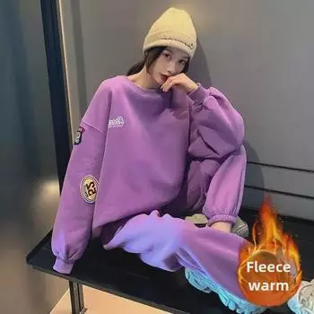 406# Plus бархатный утолщенный осенне-зимний свободный свитер в корейском стиле и повседневный спортивный костюм для студенток M фиолетовый