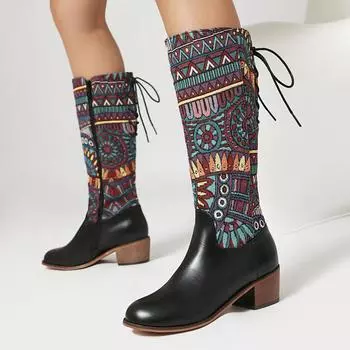 40-45 Европейские и американские осенне-зимние женские сапоги Контрастные цвета в стиле бохо Высокие сапоги на грубом каблуке Вестерн-сапоги H876 35 чёрный