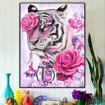 40*50 см Алмазные картины Тигр и цветок 5D DIY Алмазная вышивка Полный комплект Алмазное искусство Домашний декор (Без рамки) 40*50cm/15.7*19.7in