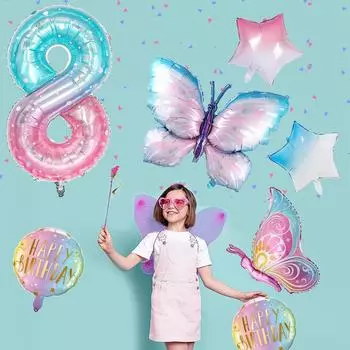 40-дюймовый градиентный набор воздушных шаров с цифрами и бабочками, фольгированные воздушные шары с цифрами и бабочками, украшения для вечеринки по случаю дня рождения для девочек, подарок детям Other
