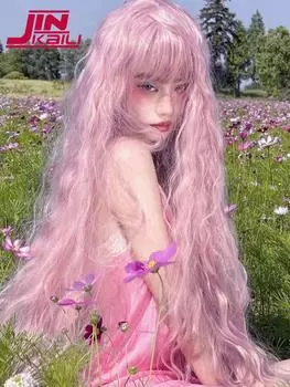 40-дюймовый удлиненный вьющийся синтетический парик для косплея с челкой, розовый парик Лолиты, женские парики для косплея на Хэллоуин, вечерние, повседневное использование