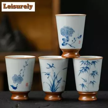 40 мл чистая ручная работа, высушенная в печи Ru, керамическая чашка для чая, расписанная вручную, сливовая орхидея, дегустационная чашка, открытая часть, мастерская кружка, чайная посуда Chazhan Cha Kung Fu