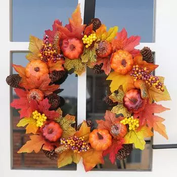 40 см Осенний дверной венок Рождественское украшение на Хэллоуин Тыква Ягода Шишка Клен Искусственный венок 1