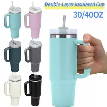 40-унциевый изолированный стакан с трубочкой и ручкой, двухслойная изолированная чашка из нержавеющей стали, переносная чашка для воды для холодных и горячих напитков темно-синий