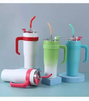 40 унций кружка стакан с ручкой изолированные бутылки с крышками соломинка нержавеющая сталь кофейный стакан термос чашка для путешествий термокружка 1200ml
