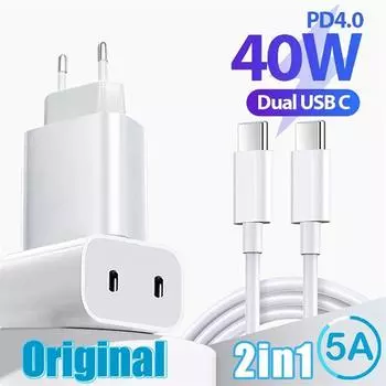 40 Вт PD зарядное устройство Dual USB C быстрое зарядное устройство QC4.0 QC3.0 PD 4.0 USB Type C быстрое зарядное устройство для iPhone 16 15 14 13 Xiaomi телефон настенный адаптер EU Plug белый