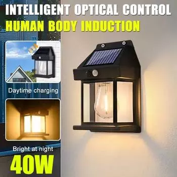 40 Вт солнечные настенные светильники наружные вольфрамовые водонепроницаемые беспроводные датчики движения охранные лампы освещение от заката до рассвета для сада black-20W