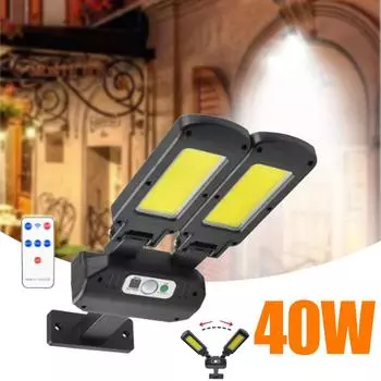 40 Вт уличный вращающийся солнечный уличный светильник с двумя головками и датчиком движения, садовый солнечный свет, гаражный дистанционный прожектор безопасности 20W
