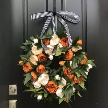 40cm Artificial Peony Wreath Seasonal Colorful Pink Orange Peony Wreaths for Window Wall Holiday Wedding Decoration Hanging