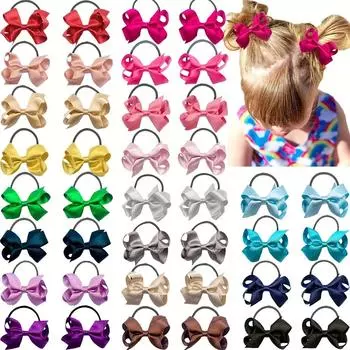 40Pcs Glitter Silky Ribbon 2.5 Hair Bows Pigtail Holders Elastic Ties Hair Bands For Baby Girls Toddlers Gifts In Pairs