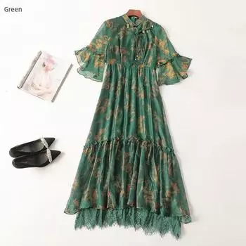 410887 Summer Dress South Oil Tail Goods Cut Label 2025 Early Amoi Women s Clothing Extended Five-Quarter Sleeve Stand Collar Green 2XL