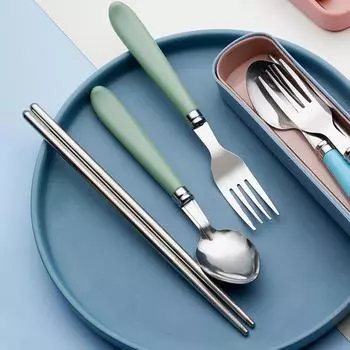 410 нержавеющая сталь палочки для еды столовые приборы портативная вилка ложка студент офисный работник три предмета милый ящик для хранения столовых приборов набор зелёный