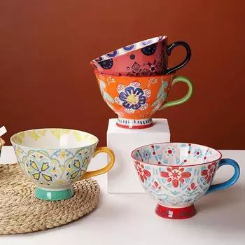 420 мл керамическая чашка расписанный вручную цветочный узор ретро креативная кофейная кружка для латте вода ресторан офис подарок для семьи друг 401-500ml оранжевый