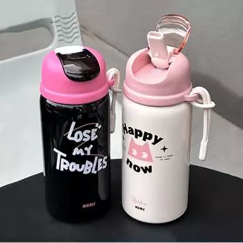 420ml Cartoon Double Stainless Steel Vacuum Flask With Straw Portable Fashion Cute Girl Student Thermos Mug Travel Tumbler 420ml