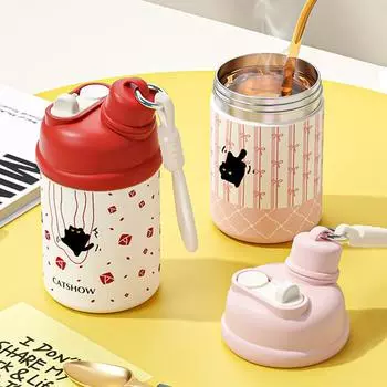 420ml Cartoon Stainless Steel 316 Vacuum Flask With Straw Leak-Proof Coffee Tea Cold Drink Girl Student Thermos Mug Tumbler 420ml красный