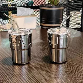 420ML Coffee Cup Glass Bamboo Cup with Lid and Straw Electroplated silver Letter Cups Milk Juice Mocha Cups Drinkware Gifts серебряный серый