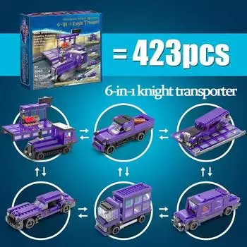 423 шт. фиолетовый рыцарь, транспортная машина, строительные блоки, город 6 в 1, модель автомобиля, сборочные кирпичи, игрушки «сделай сам», детские подарки на день рождения серый/фиолетовый
