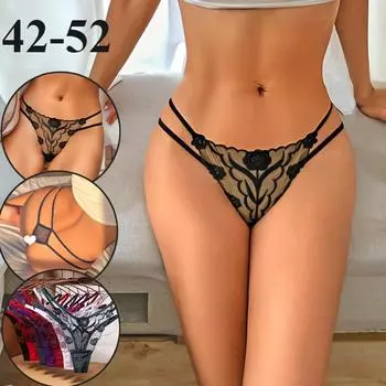 42-52 женские сексуальные сетчатые стринги с розовой вышивкой, стринги с двойным поясом, сексуальное женское белье, трусики M-2XL M
