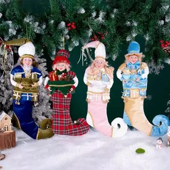 42 см Рождественский чулок Большой деревенский носок Санта-Клауса с колокольчиками Рождественская елка Камин Подвесное украшение Рождественские украшения для дома