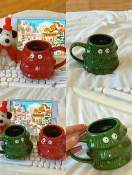 430 мл Креативная необычная яркая рождественская елка с маленькими глазками Керамические кружки Парные чашки Кофейные чашки Чашки для завтрака Рождественские подарки 430ml зелёный
