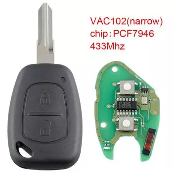 433 МГц, 2 кнопки, автомобильный дистанционный ключ с чипом PCF7946 и лезвием VAC102, подходит для Movano/KANGOO/Vivaro/Renault/Traffic/Nissan VAC102 Blade