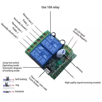 433 МГц DC 12 В 2-канальный релейный приемник, модуль радиочастотного передатчика 433 МГц, пульт дистанционного управления, универсальный беспроводной пульт дистанционного управления