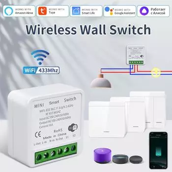 433 МГц Tuya WiFi Smart Switch 16A Wireless 1/2/3 Gang 86 Wall Panel Switch Voice Control Work with Alexa Google Home DIY Lamp 1 Gang Switch