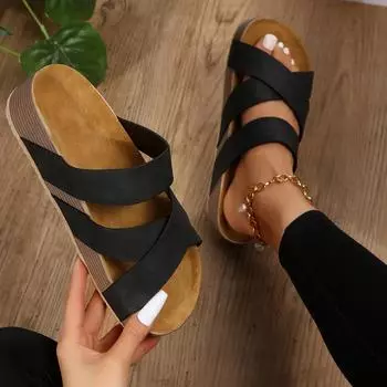 43 большой размер 2025 весна и лето новые европейские и американские толстые прохладные тапочки женские плетеные тапочки с крестиком 35 бежевый