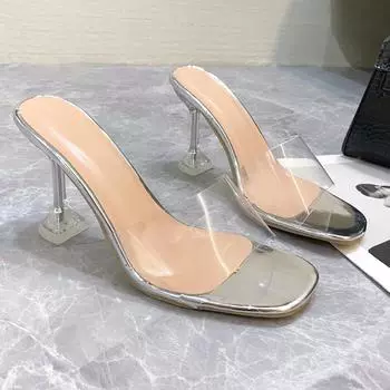 43 large size 2025 summer foreign trade new European and American fine heel fashion sandals women s transparent leopard print high heels 35 серебряный