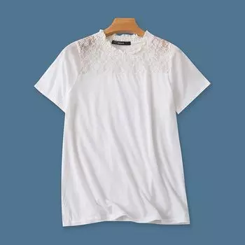 4448 Lace T-shirt Summer New Arrival Cotton Pullover Patchwork All-Matching Slim Fit Short-Sleeved Shirt Women s Export Tail Single White M