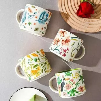 450 мл Керамическая кружка с цветной глазурью в виде цветов и птиц, большая емкость, чашка для послеобеденного чая, кружки ручной работы с защитой от ожогов, кофейные кружки, посуда для напитков, подарки 450ml оранжевый