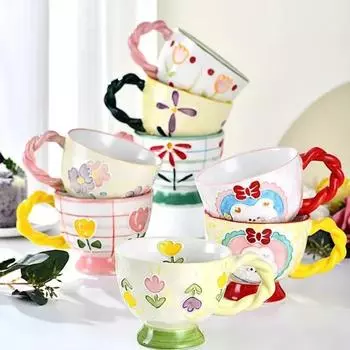 450 мл креативная нестандартная керамическая кружка с ручной росписью, тиснением и милым узором, кофейные кружки ручной работы для завтрака, овсянки, молока, подарков 401-500ml