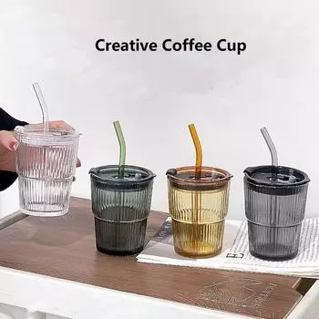 450 мл креативная полосатая стеклянная кружка прозрачные стаканы с крышкой и трубочкой кофейная кружка чайная кружка стакан для сока стакан для молока стакан для воды посуда для напитков 400-450ml чистый