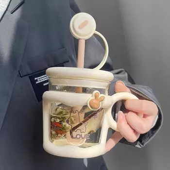 450 мл мультяшная милая стеклянная бутылка для воды с соломенным ситечком для чая креативная простая чашка для воды для напитков для девочек офисные кофейные кружки Without 3D Stickers