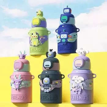 450 мл термокружка из нержавеющей стали с изображением животных из мультфильмов, термос, кружка для студентов, силиконовый чехол, термос, бутылка для воды, подарок для детей 450ml синий