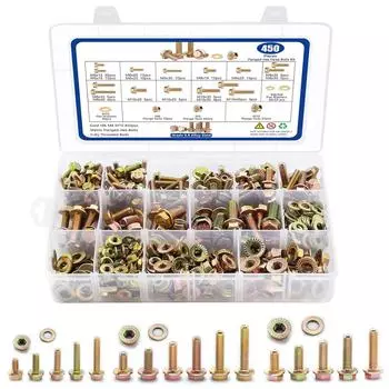 450 шт. Цветной цинк Высокопрочный класс 8.8 Шестигранный фланцевый болт с плоской шайбой и гайкой 450Pcs Flange Bolt Set