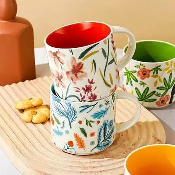 450ml Ceramic Mug Flower and Bird Color Glaze Handmade Mug Coffee Cup Household office Anti-scald Breakfast Cup Festival Gift 401-500ml