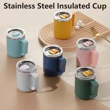 450ML Coffee Cup with Handle with Lid Straw Insulated Cup Vacuum Stainless Steel Double Layer Large Capacity Office Coffee Mug 450ml