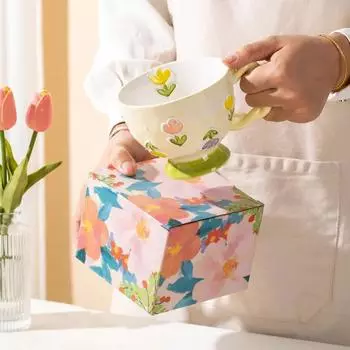 450ml Creative Hand-painted Embossed Ceramic Mug Large Capacity Coffee Cup Household Breakfast Oatmeal Milk Tea Cups Drinkware 401-500ml