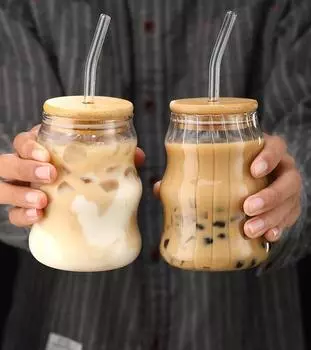 450ml Glass Cup With Lid and Straw Transparent Bubble Tea Cup Juice Glass Beer Can Milk Mocha Cups Breakfast Mug Drinkware 450ml