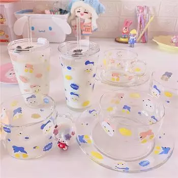 450ML Glass Straw Cup with Korean Cute Duck Graffiti Style Large Capacity Juice Milk Bottle Summer Drinking Girl Gift coffee