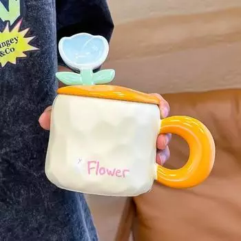 450ML Hand-Painted Flower Tea Cup Ceramic Mug Home Office Drinkware Cup Tea Coffee Milk Juice Water Bottle Creative Gift for Her 450ML