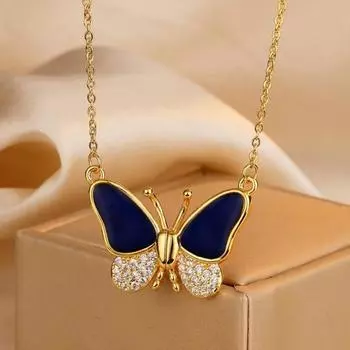 45293 шт. Женское ожерелье со стразами, подвеска в виде бабочки, магнитная застежка, чувствительная к температуре, меняющая цвет, полированный титан 1pc золотистый