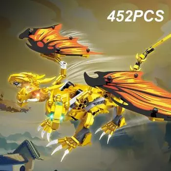 452 шт., строительные блоки «Золотой дракон», доисторический летающий дракон, модель динозавра, кирпичи, игрушки для мальчиков, детский рождественский подарок оранжевый/жёлтый