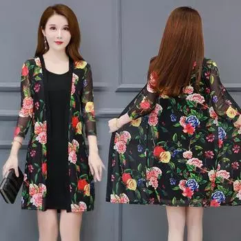 45355 Пальто средней длины с открытым передом и цветочным принтом, тонкая кружевная шаль бикини 4XL красный черный